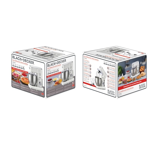 Photo of BLACK+DECKER MKM100 kitchen machine packaging with product images and food on white background.