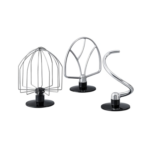 BLACKDECKER MKM100 stand mixer attachments set, whisk, beater, and dough hook, silver and black, studio angle.
