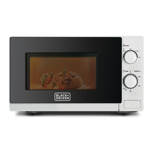Photo of BLACK+DECKER MZ2020PSA microwave oven with black front door and silver control knobs, front angle.
