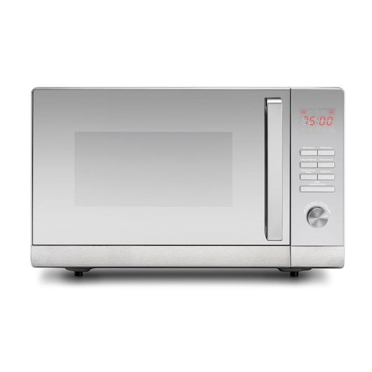 A stainless steel microwave oven with a digital display, control buttons, and a rotary knob on the right side.