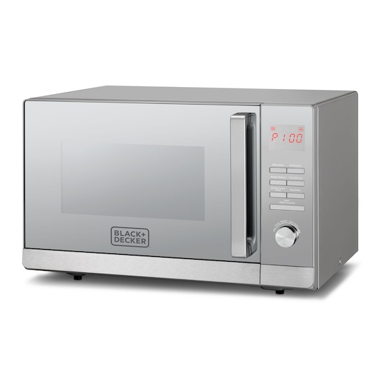 A BLACK+DECKER stainless steel microwave oven with a digital display, control buttons, and a rotary knob on the right side.