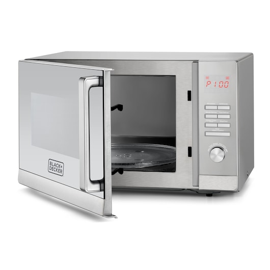 A BLACK+DECKER stainless steel microwave oven with the door open, showing the interior and turntable, digital display, buttons, and control knob on the front panel.