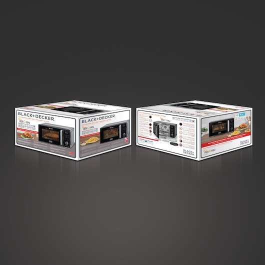 Photo of two BLACK+DECKER MZAF2910 microwave oven boxes with product images, features, and food photography.