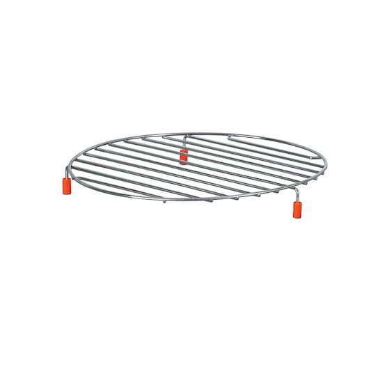 BLACKDECKER MZAF2910 round metal cooking rack with three orange-capped legs, side angle, white background.