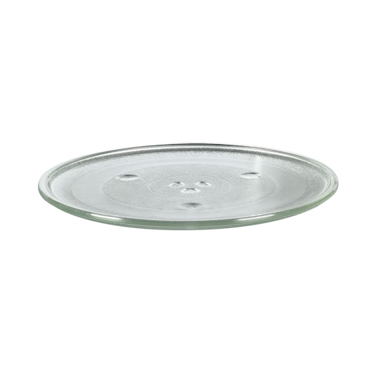 BLACKDECKER MZAF2910 round glass microwave turntable plate, side angle on white background.