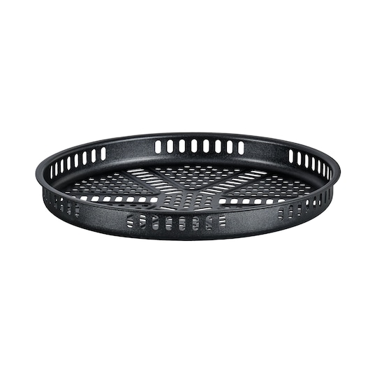 BLACKDECKER MZAF2910 round black metal pizza tray with perforated design, side view, white background.