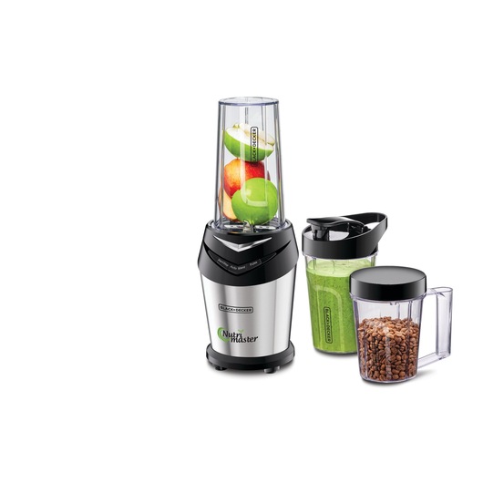 BLACK+DECKER Nutri Master blender with a blending cup filled with apple and green fruit pieces, accompanied by two additional cups containing green smoothie and coffee beans.