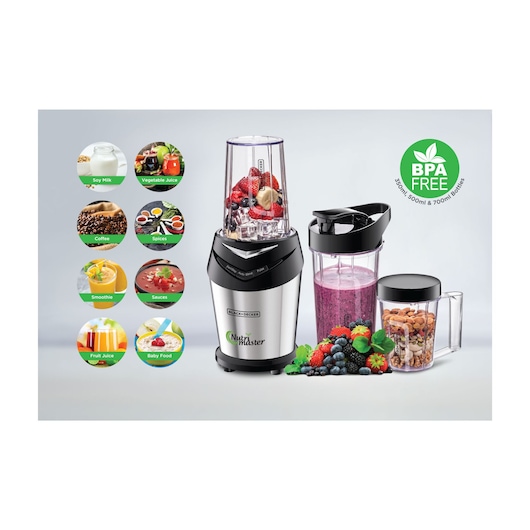 Photo of BLACK+DECKER NE600 blender set with fruits, nuts, BPA free mark, various drink and food options shown.