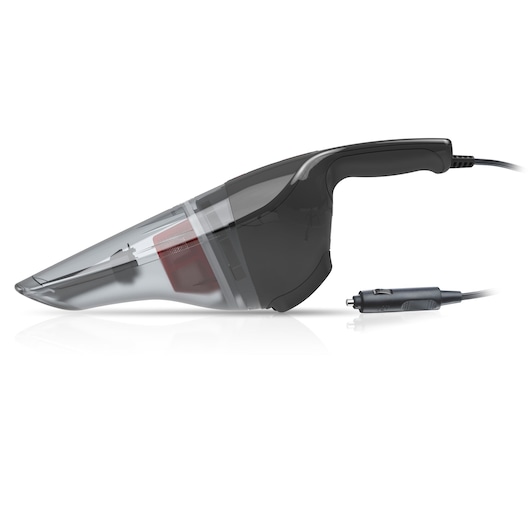 A handheld vacuum cleaner with a transparent dust container and a black handle, shown with a car adapter plug attached to its cord.