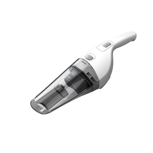 A portable BLACK+DECKER handheld vacuum cleaner in white and gray, shown isolated on a white background.