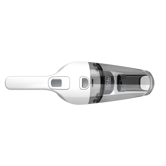 Top view of a BLACK+DECKER handheld vacuum cleaner, model NVB215WN, featuring a white handle and a transparent dust container.