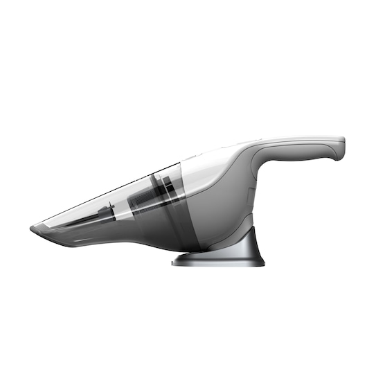 A handheld vacuum cleaner with a transparent dust container and ergonomic handle, shown in profile against a white background.