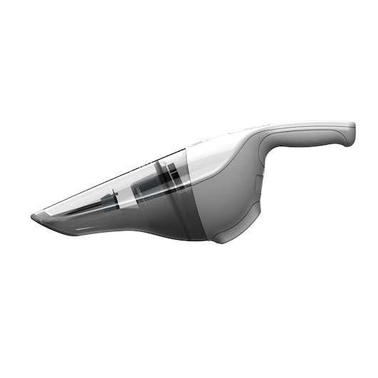 Side view of a BLACK+DECKER handheld cordless vacuum cleaner, NVB215WN model, with a transparent dust chamber and ergonomic handle.