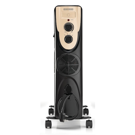 Front view of a BLACK+DECKER portable oil-filled radiator heater with control knobs, indicator light, a fan, and cable storage at the base, mounted on wheels.