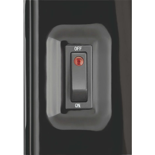 BLACKDECKER OR011FD switch close-up with on/off labels and red indicator, photography product.
