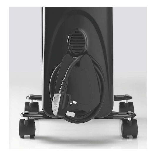 BLACKDECKER OR011FD heater rear view showing cord storage wrap and wheels on white background.