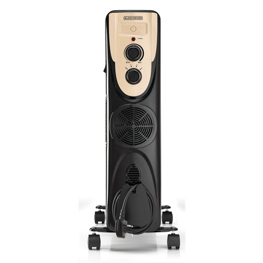 Front view of a BLACK+DECKER portable oil-filled radiator heater with adjustable controls, a power indicator light, a fan, and a cord storage area. The heater is black with a beige control panel and is mounted on four caster wheels.