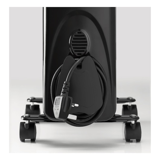 BLACKDECKER OR013FD electric heater back view, showing power cord wrapped on cord storage and caster wheels.