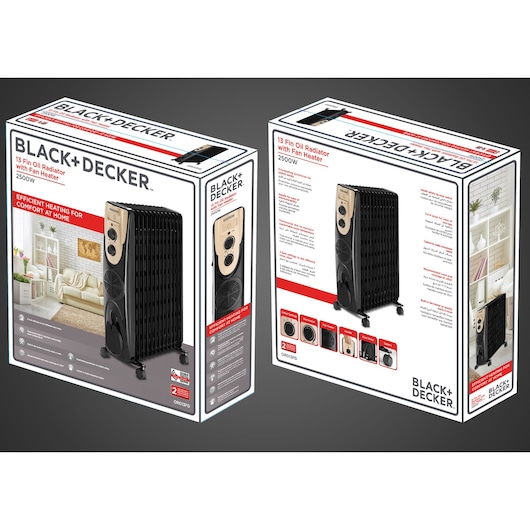 Photo of BLACK+DECKER 13 fin oil radiator with fan heater 2500W OR013FD packaging, showing product image and features.