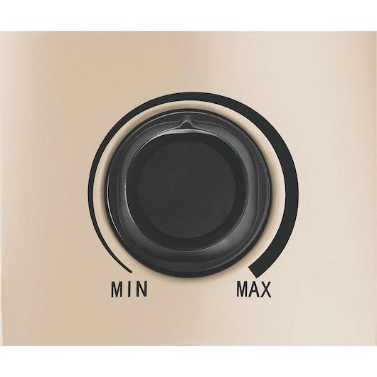 BLACKDECKER OR070D closeup of black control knob with min and max settings, front angle.