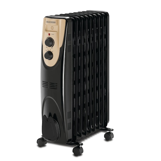 A BLACK+DECKER oil-filled radiator heater with black panels, beige control panel featuring two knobs, indicator light, and wheels for mobility.