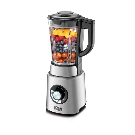 A BLACK+DECKER blender with a stainless steel base and a clear container filled with assorted fruits and ice, ready for blending.