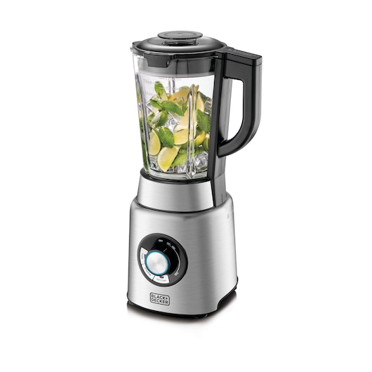 A BLACK+DECKER countertop blender with a stainless steel base, filled with lime wedges, mint leaves, and ice cubes in the glass pitcher. The blender has a black handle, control knob, and is shown on a white background.