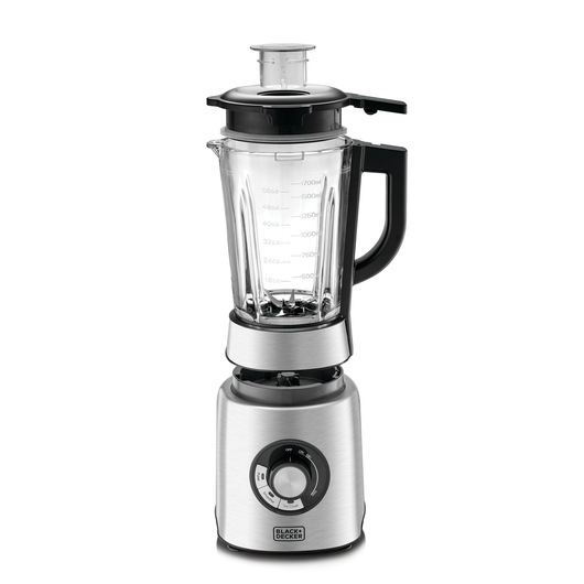 Stainless steel and black electric blender with a clear graduated glass pitcher, handle, and removable lid, shown against a white background.