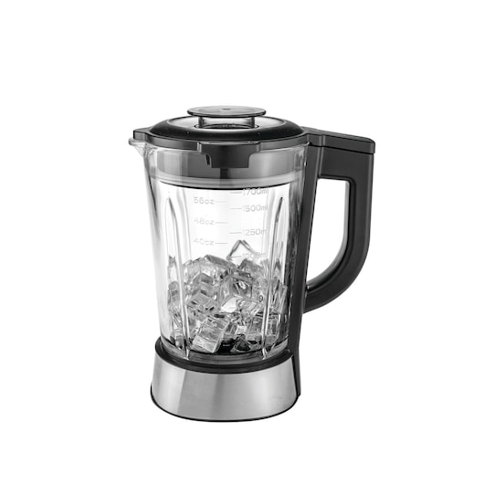 BLACKDECKER PB120 blender pitcher with black handle and lid, filled with ice cubes, front angle, white background.