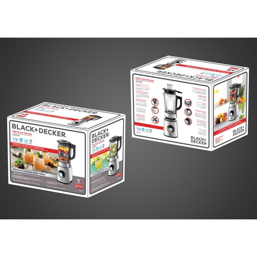 Photo of two BLACK+DECKER PB120 blender boxes showing product images, features, and colorful smoothie ingredients.