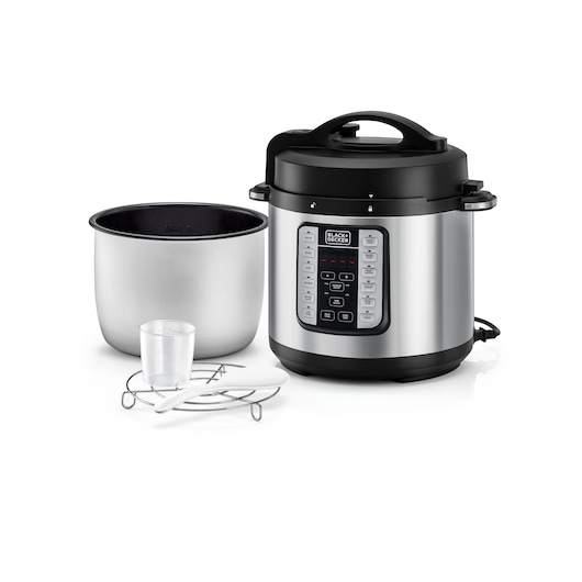 A BLACK+DECKER electric pressure cooker with stainless steel exterior, digital control panel, removable inner pot, measuring cup, metal rack, and plastic spatula, displayed on a white background.