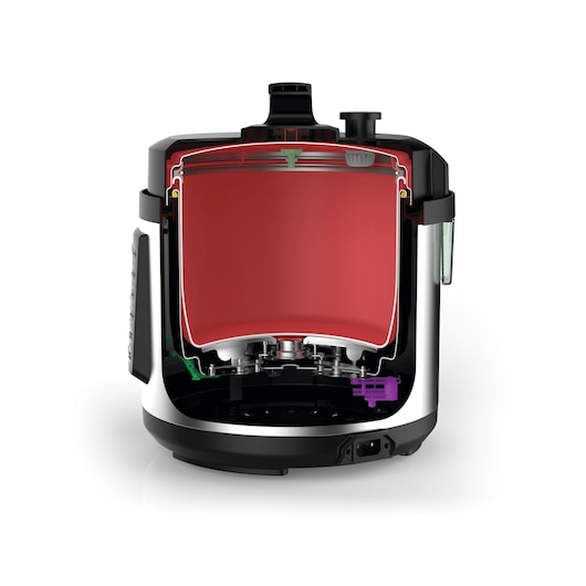 A cross-section view of a BLACK+DECKER electric pressure cooker showing internal components and structure.