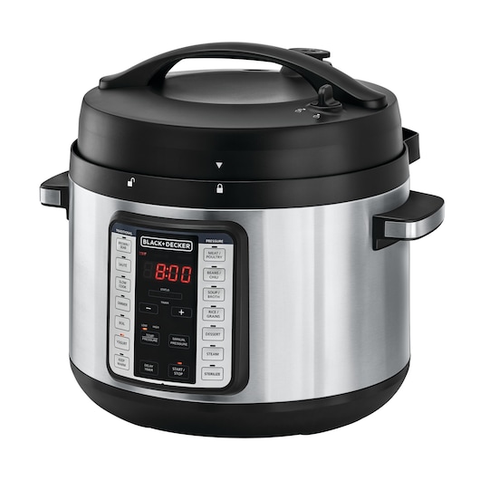 A BLACK+DECKER branded electric pressure cooker with a stainless steel body, black lid and handles, and a digital control panel featuring multiple cooking presets and a red LED display.