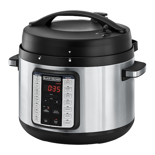 A BLACK+DECKER electric pressure cooker with a stainless steel body and black top, featuring a digital display and multiple cooking function buttons.