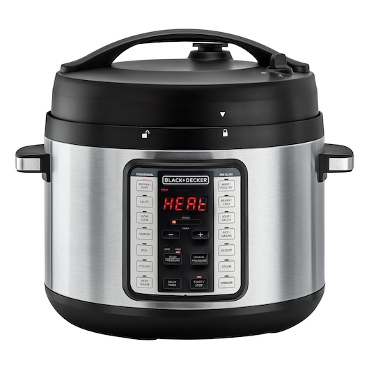 A BLACK+DECKER electric pressure cooker with a digital control panel displaying 'HEAT,' featuring multiple cooking options and a stainless steel exterior.