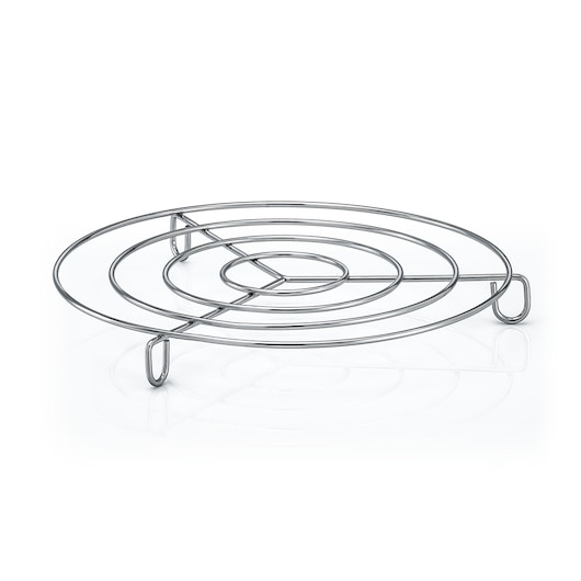 BLACKDECKER PCP1010 round metal trivet with three legs, photographed on white background.