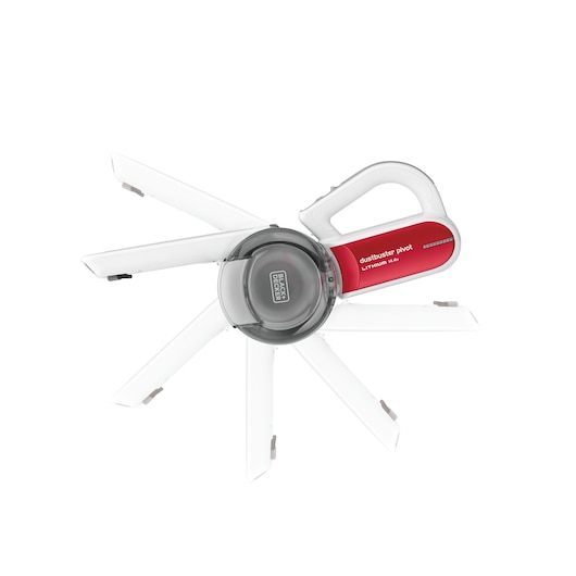 A BLACK+DECKER Dustbuster Pivot handheld vacuum cleaner with a red and white body, shown from above, with multiple positions of its pivoting nozzle illustrated.