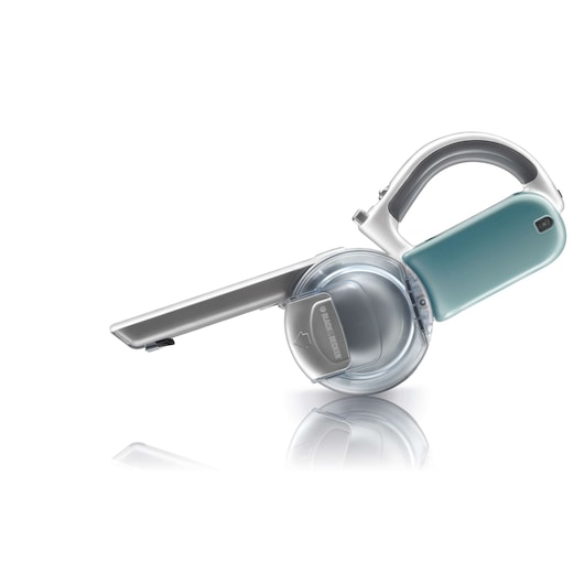 A BLACK+DECKER cordless handheld vacuum cleaner with a foldable nozzle and a silver and blue design, photographed isolated on a white background.