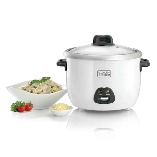 A BLACK+DECKER rice cooker with a glass lid is displayed next to a bowl of cooked pasta garnished with herbs, cherry tomatoes, parsley, and a small dish of grated cheese.