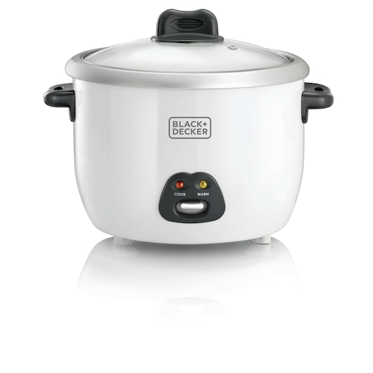 A BLACK+DECKER electric rice cooker with a white body, black handles, and a transparent glass lid. Indicator lights and a switch are visible on the front panel.