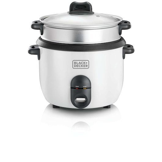 A BLACK+DECKER electric rice cooker with a stainless steel steam tray and a glass lid. The cooker has a white exterior, black handles, and a control panel with cook and warm functions.
