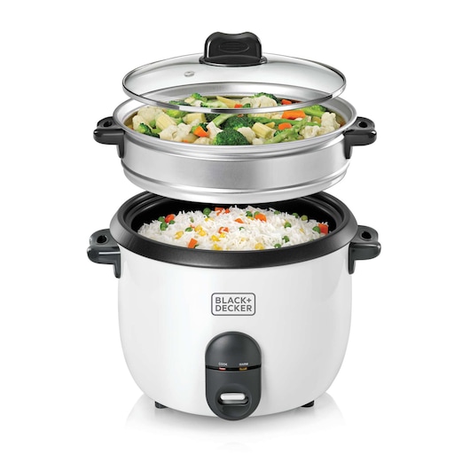 BLACKDECKER RC1860 rice cooker with steaming tray and vegetables, front angle on white background.