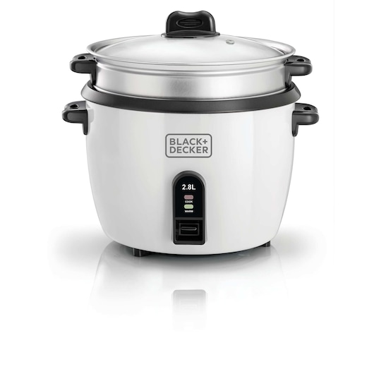 A BLACK+DECKER rice cooker with a capacity of 2.8 liters, featuring a white body, black accents, a glass lid, and control panel with cooking and warming options.