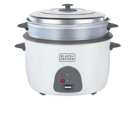 A BLACK+DECKER electric rice cooker with a white body, gray handles, control buttons, and a transparent lid.