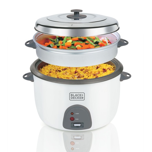 BLACKDECKER RC4500 rice cooker with white body and silver lid, steaming tray filled with vegetables, front angle