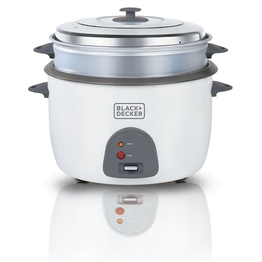 BLACK+DECKER RC4500 rice cooker with steam tray, front view, white housing and gray controls.