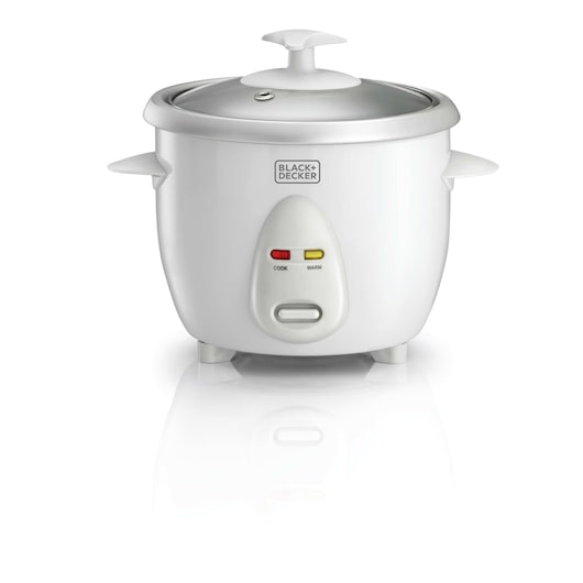 A BLACK+DECKER white electric rice cooker (model RC650) with a glass lid and two indicator lights labeled 'Cook' and 'Warm'.