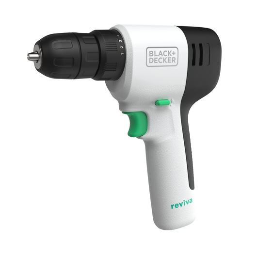 BLACK+DECKER REVDD12C cordless drill, white and black with green accents, side angle on white background