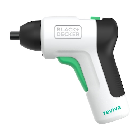 BLACKDECKER REVSD4C cordless screwdriver, white and black body, green trigger, side angle photo.