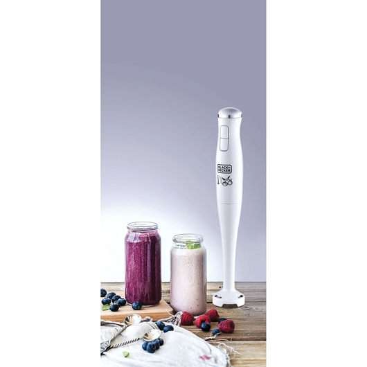 BLACK+DECKER SB2500 hand blender with jars of berry smoothies on a wooden table, product front angle.